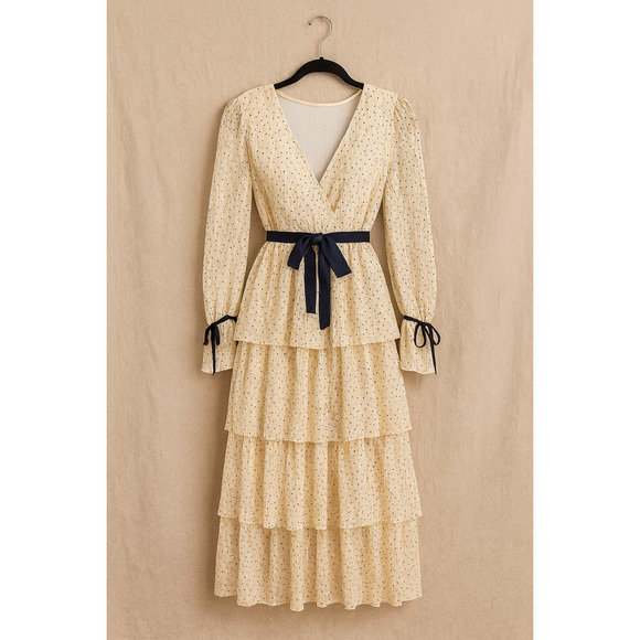 Just Me S Tiered  Dress Cream Holiday Party Cottagecore Vintage Wedding Guest - Picture 1 of 10